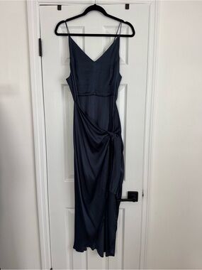 Midnight Navy Satin Maxi Slip Dress with Side Knot